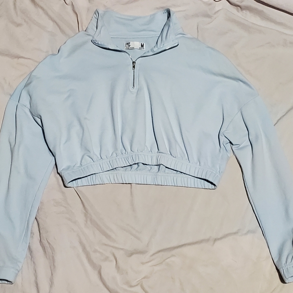 Light Blue 3/4 Zip-Up Crop Top